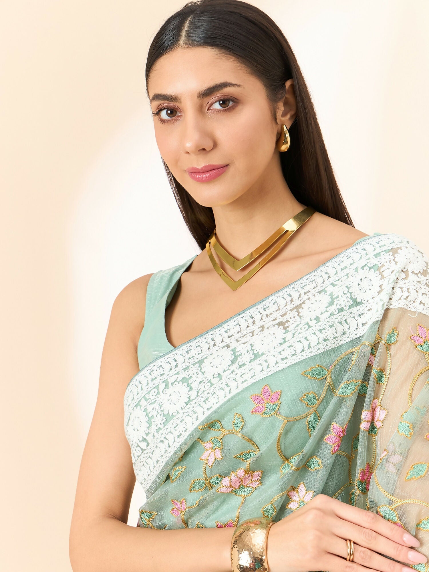 Green Organza Floral Embroidered Saree with Unstitched Blouse Piece - Roozal | Grocsy