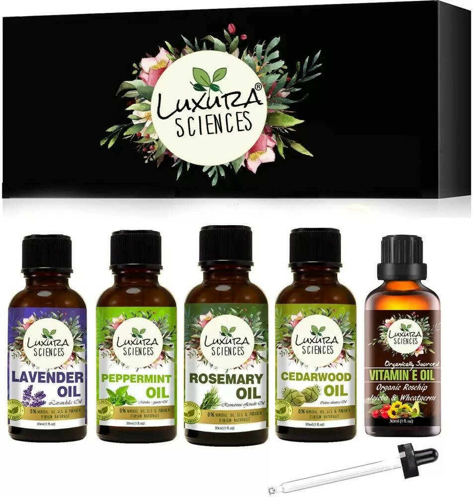 Luxura Sciences Organic Essential Oils for Anti Hair Fall - Lavender Oil, Peppermint Oil, CedarWood Oil, Rosemary Oil, Vitamin E Oil | Grocsy