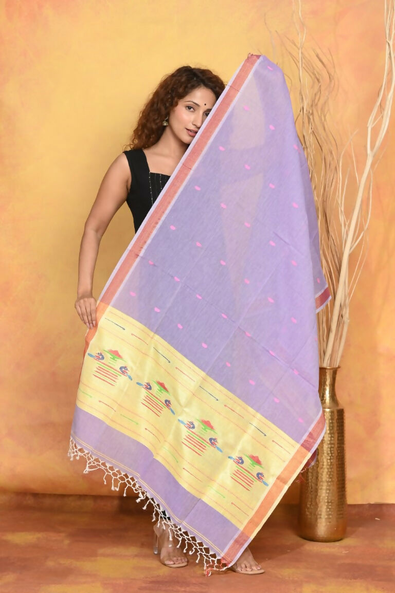 Very Much Indian Handloom Pure Cotton Paithani Dupatta - Lavender | Grocsy