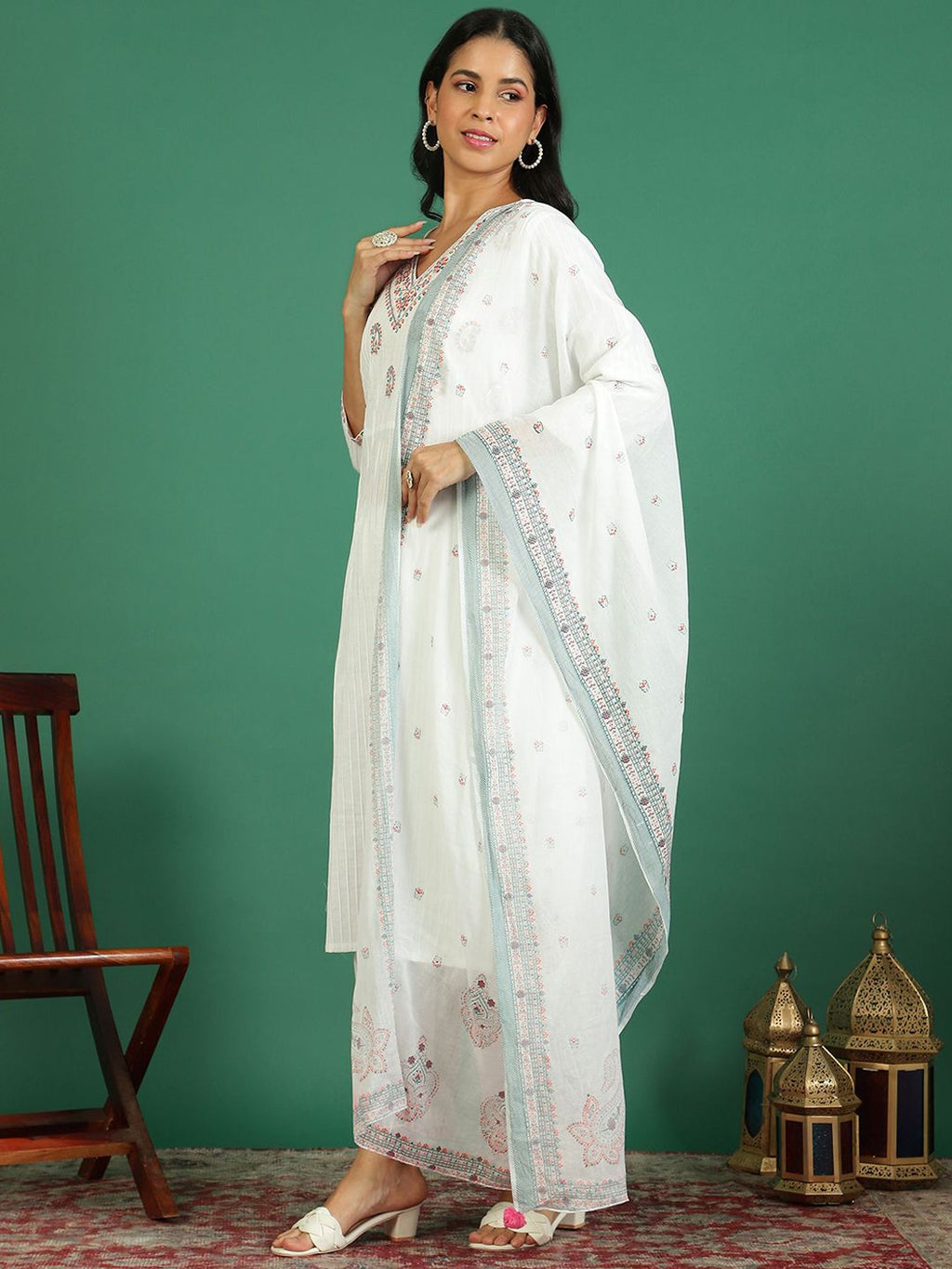 Sangria Printed Pure Cotton V- Neck Kurta & Trousers With Dupatta | Grocsy