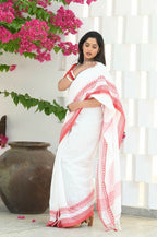 Beatitude White Cotton Zig Zag Border Handloom Saree | Grocsy