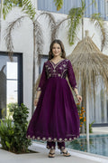 The52 Women's Beautiful Embroidery Work Vichitra Silk Fabric Flared Anarkali Pant and Dupatta Set | Grocsy
