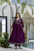 The52 Women's Beautiful Embroidery Work Vichitra Silk Fabric Flared Anarkali Pant and Dupatta Set | Grocsy