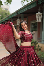 Vastranavya Designer Heavy Sequins & Thread Embroidered work Lehenga Choli - Maroon | Grocsy