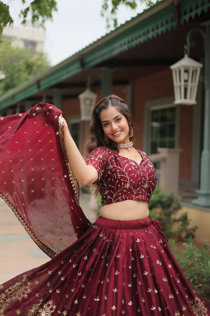 Vastranavya Designer Heavy Sequins & Thread Embroidered work Lehenga Choli - Maroon | Grocsy