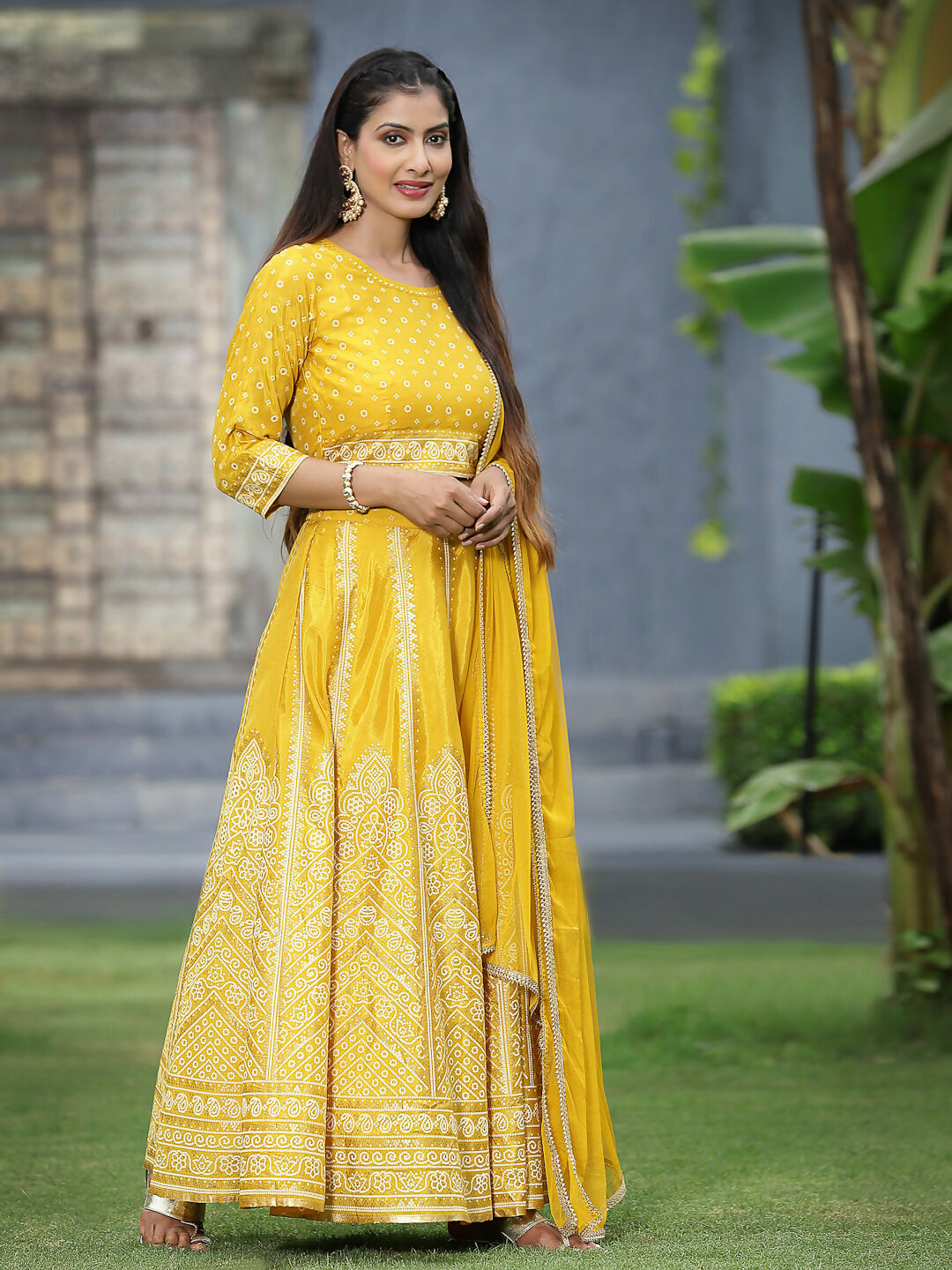 Juniper Mustard Bandhani Printed Shantoon Slub Lehenga Choli & Net Dupatta Set. | Grocsy
