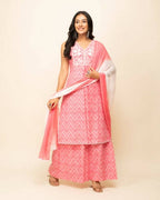 FIORRA Women's Peach Cotton Straight Kurta Palazzo Set With Dupatta | Grocsy