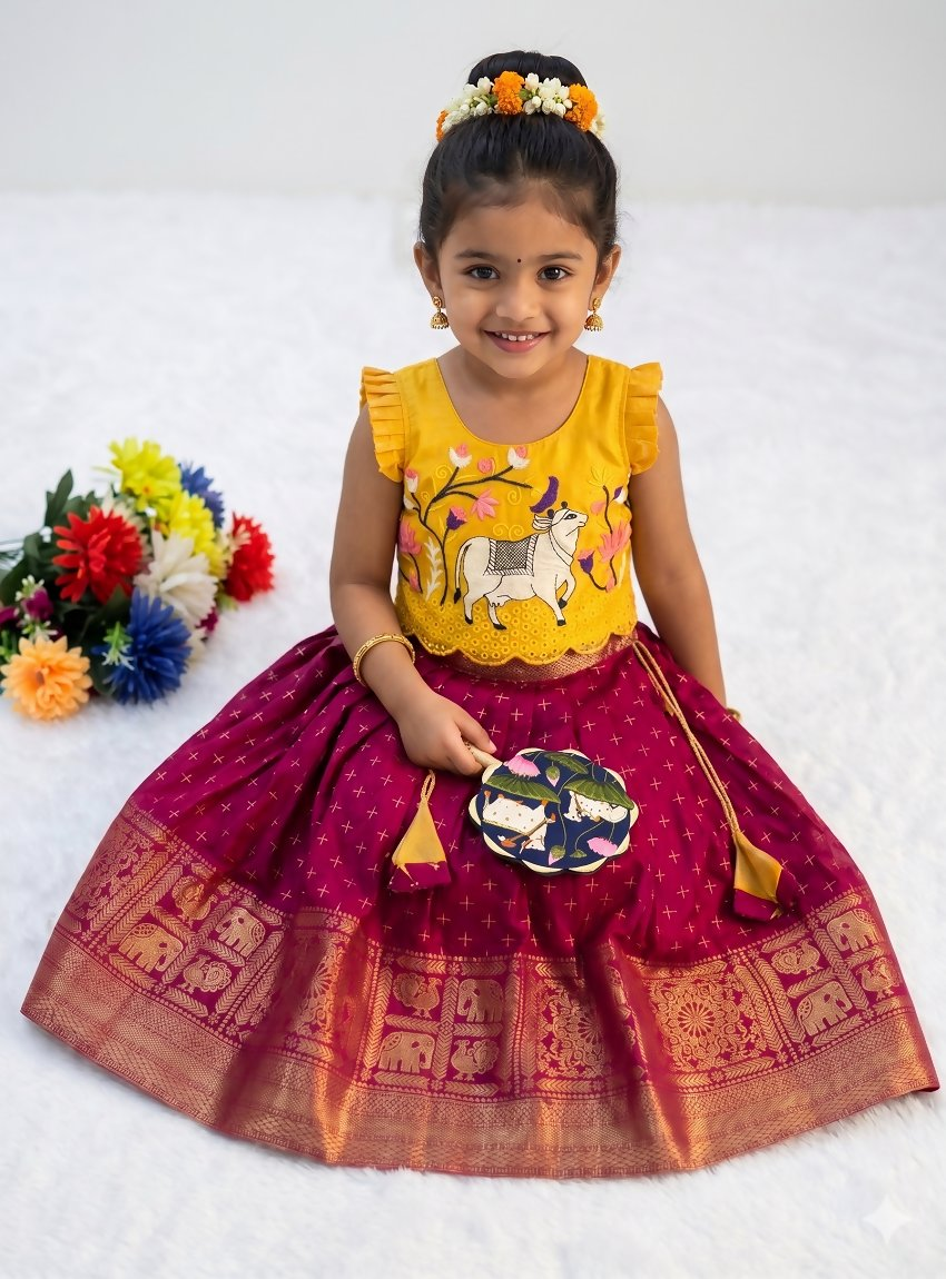Teeya Creation New Trendy Designer Kids Girls Yellow & Red Silk Pichwai Cow Motif Lehenga Choli Set-Yellow | Grocsy
