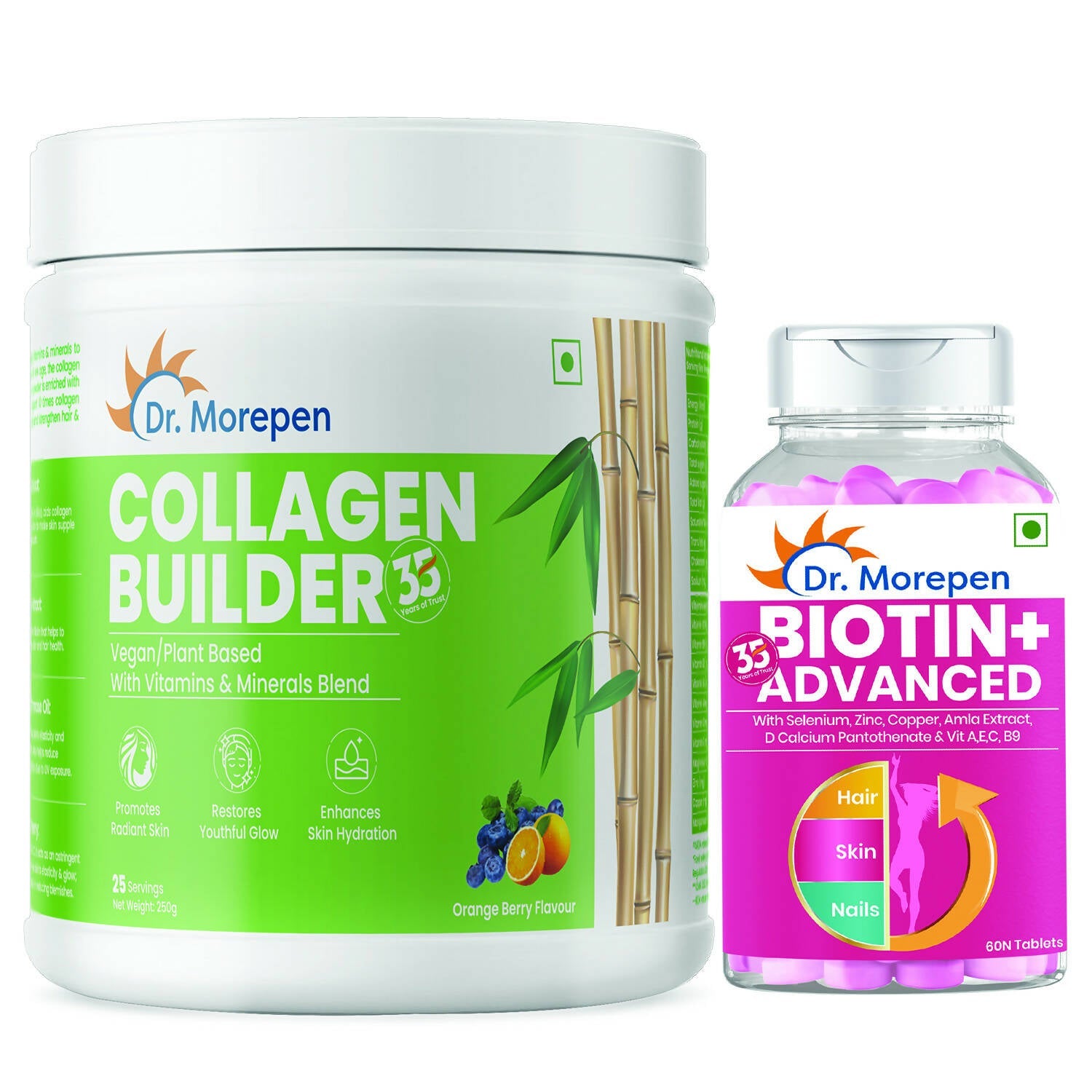 Dr. Morepen Biotin+ Advanced Tablets and Natural Collagen Builder, Orange Berry Flavour Combo | Grocsy