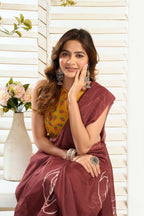 Vastranavya Dark Brown Digital Printed Linen Ready To Wear Designer Saree with Unstitched Blouse | Grocsy