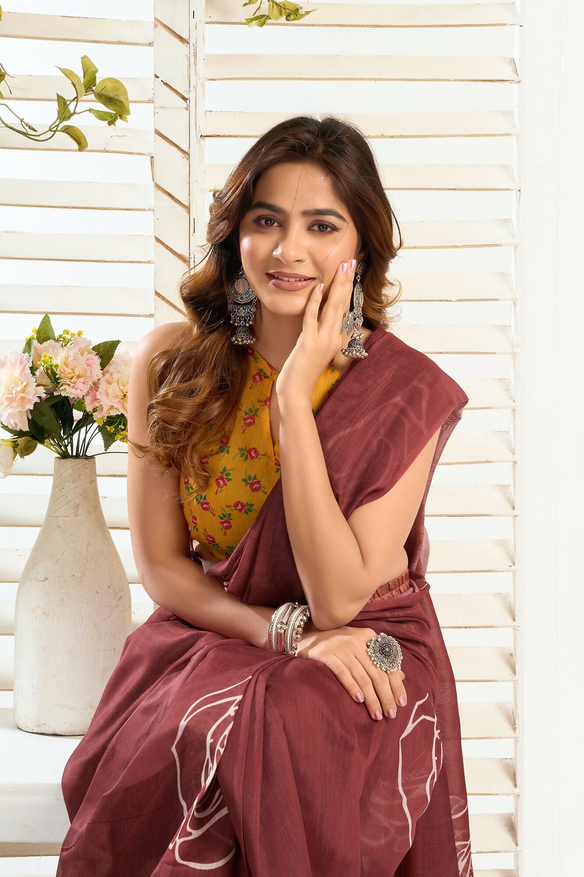 Vastranavya Dark Brown Digital Printed Linen Ready To Wear Designer Saree with Unstitched Blouse | Grocsy