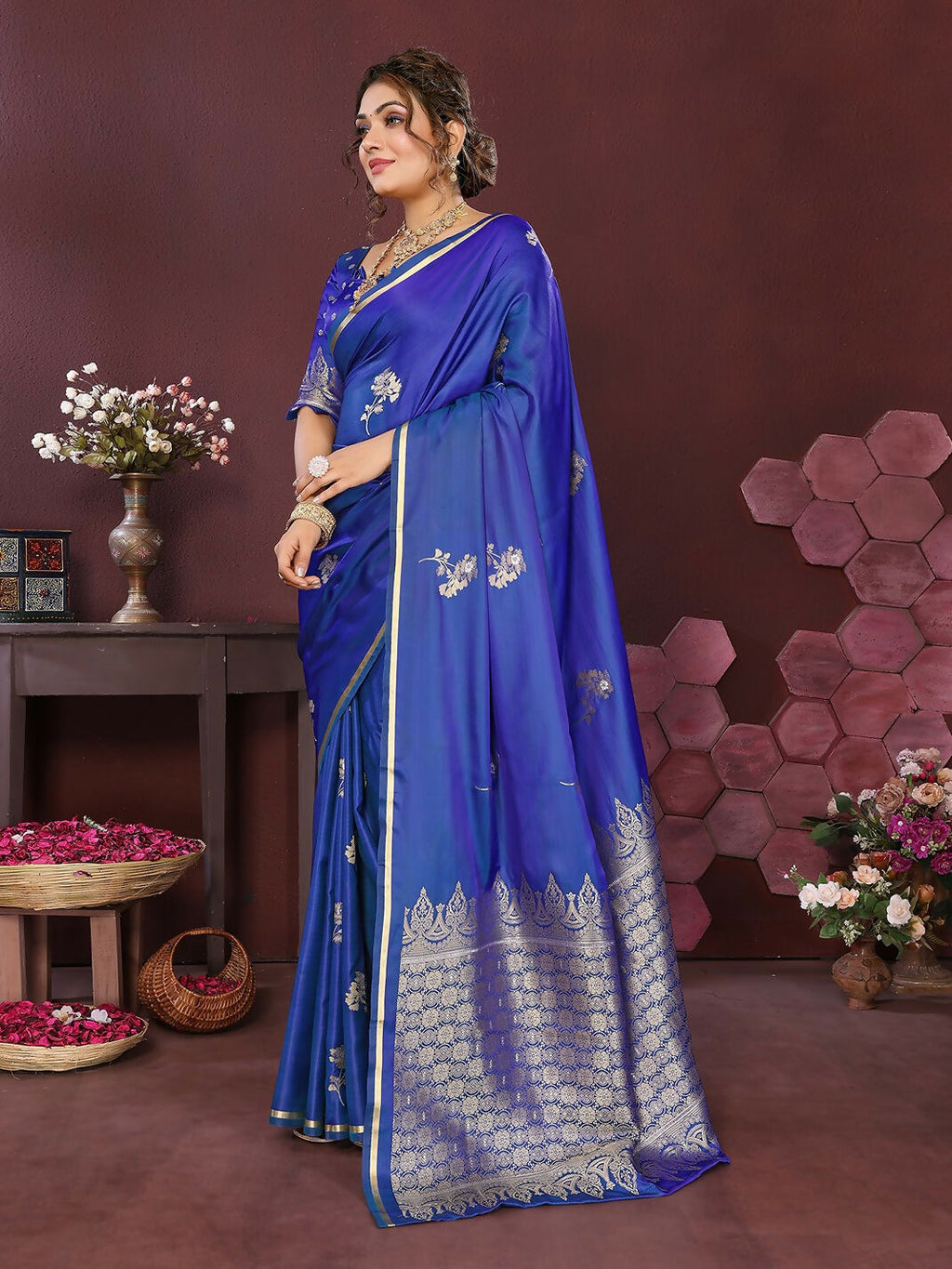 Joban Fashion Blue Floral Banarasi Silk Sarees | Grocsy