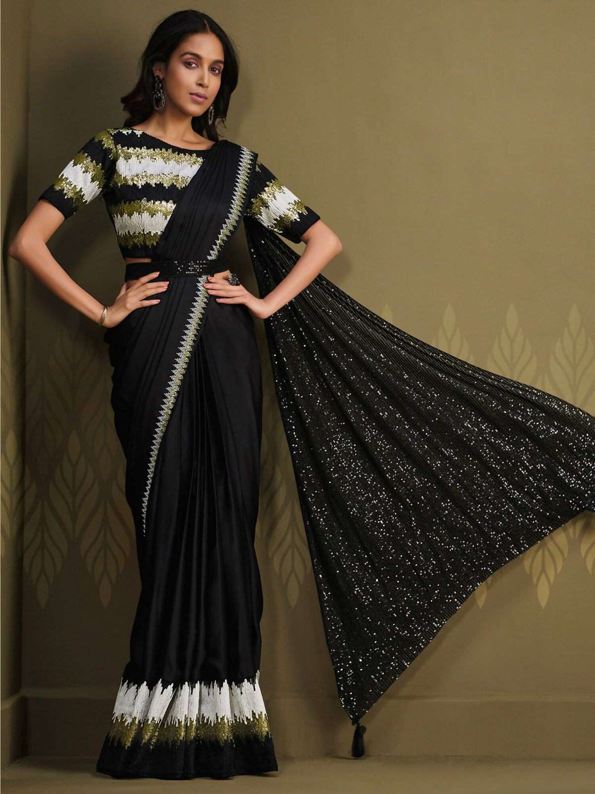 Black Crepe Silk Sequence Embroidered Saree With Stitched Blouse - Mohmanthan La Belle | Grocsy