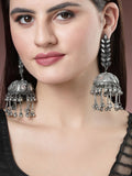 NVR Women's Silver Plated Mirror Work Oxidised Contemporary Jhumka Earrings | Grocsy