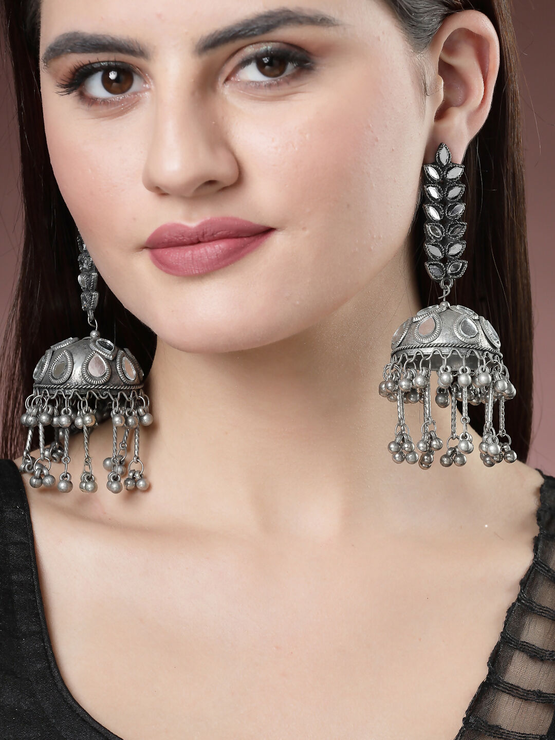 NVR Women's Silver Plated Mirror Work Oxidised Contemporary Jhumka Earrings | Grocsy