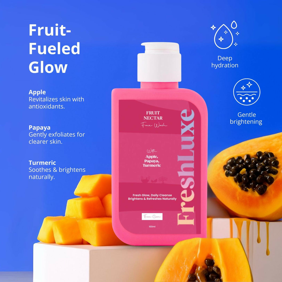 FreshLuxe Fruit Nectar Face Wash For Glowing Skin & Reducing Dark Spots with Apple, Papaya & Turmeric | Grocsy