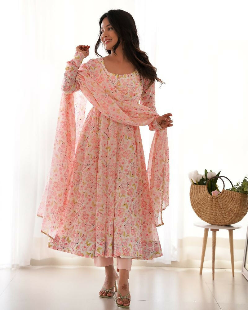 Joban Fashion Peach Kurta Set Organza Sequin Embroidery Work | Grocsy