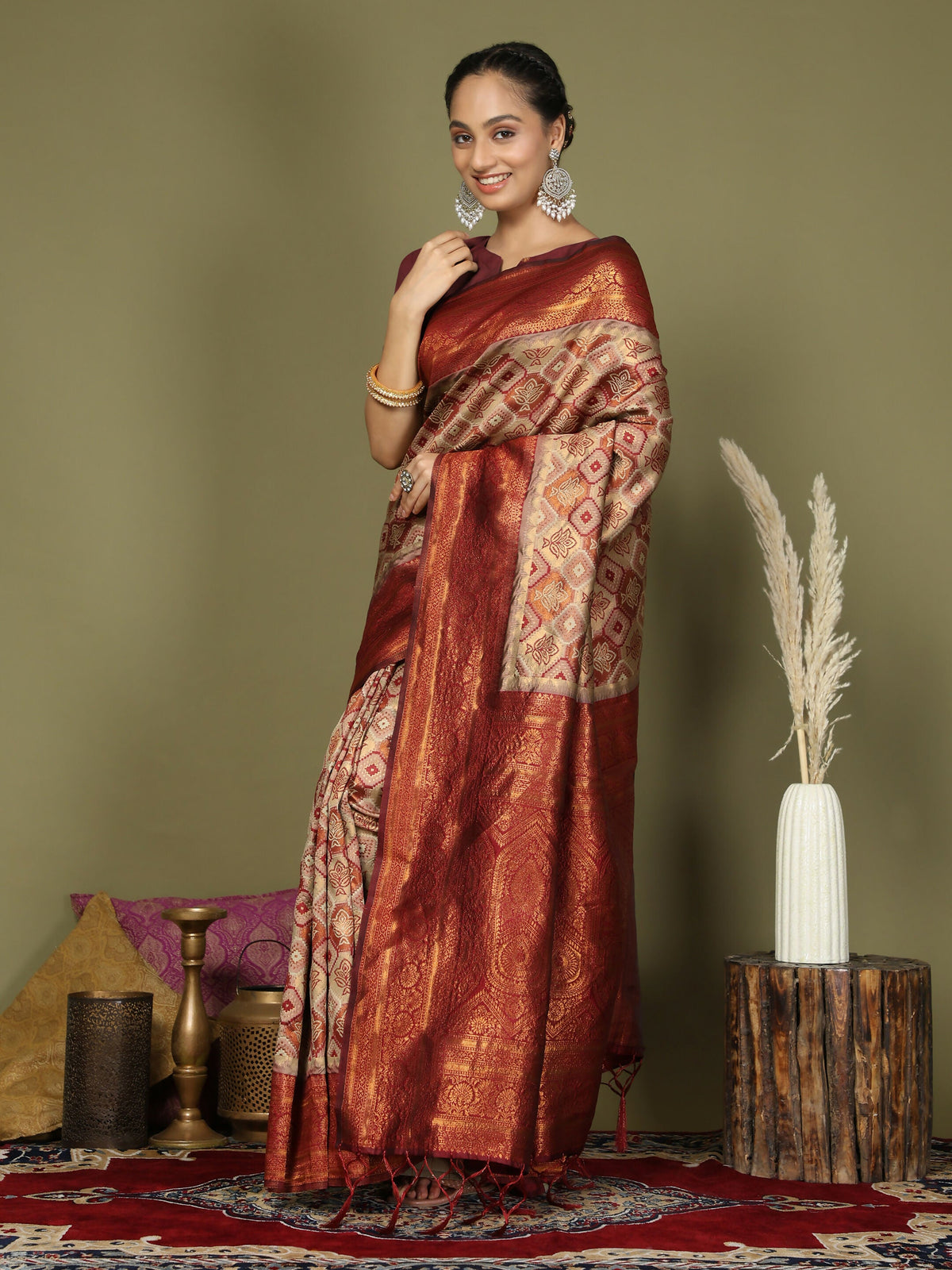 Shree Shyam Fashion Lichi Silk Cream Saree | Grocsy