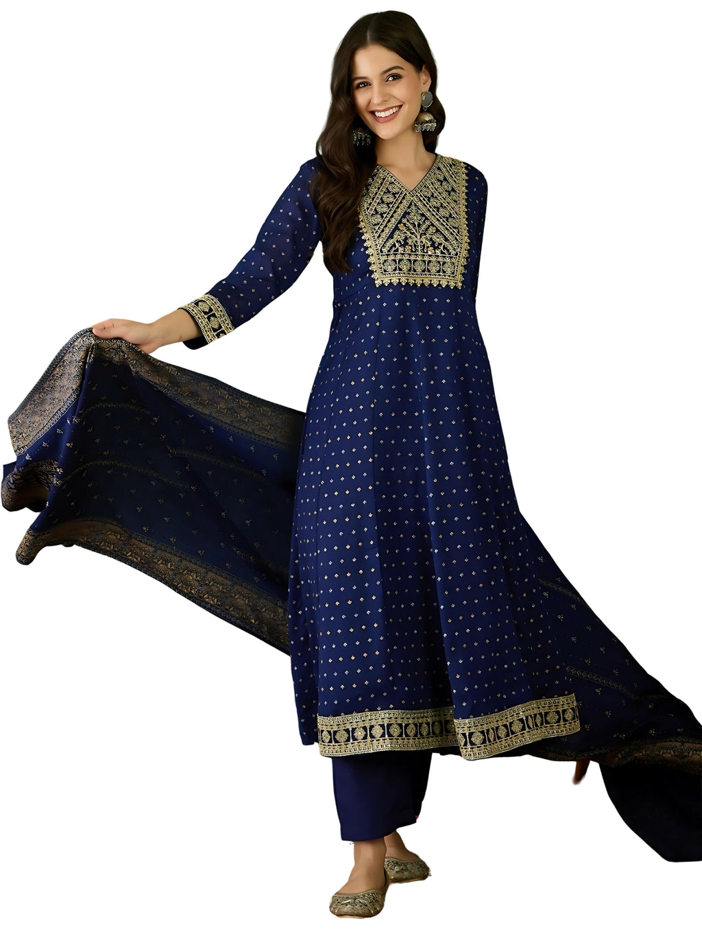 The52 Blue Women's Gorgeous Embroidered Work Vichitra Silk Fabric Flared Kurta Pant and Dupatta Set | Grocsy