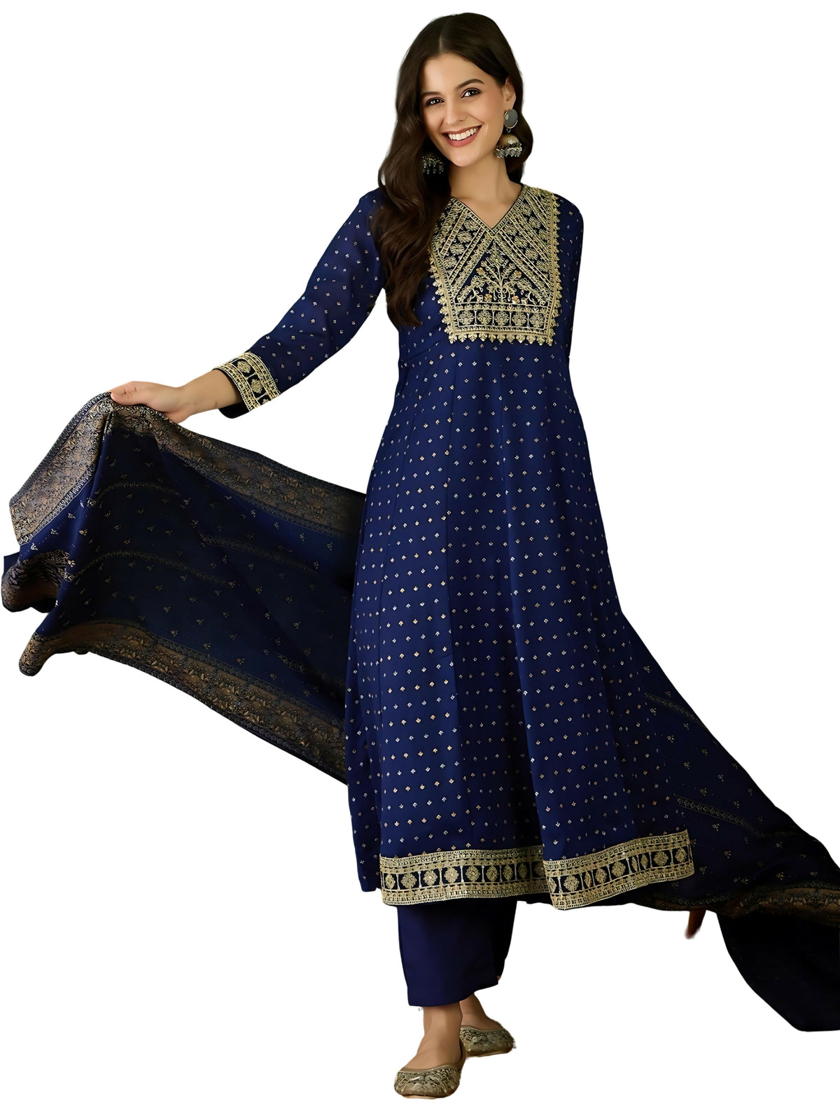 The52 Blue Women's Gorgeous Embroidered Work Vichitra Silk Fabric Flared Kurta Pant and Dupatta Set | Grocsy