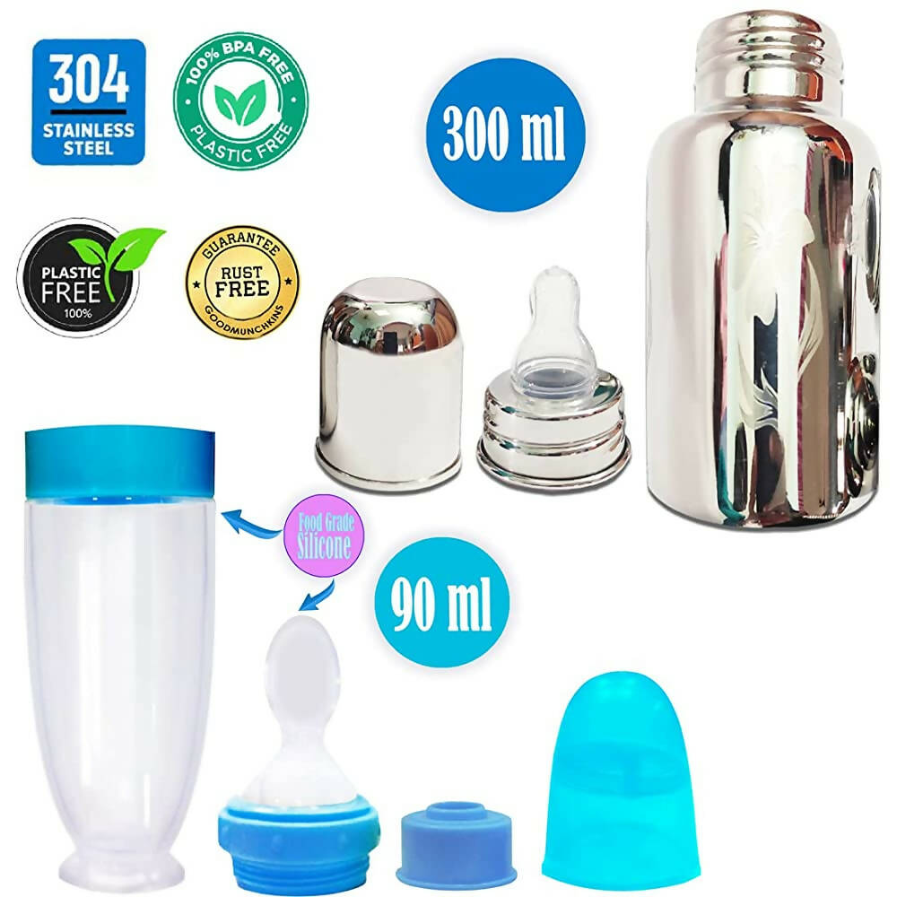 Goodmunchkins Stainless Steel Feeding Bottle With Spoon Food Feeder for Baby Anti Colic Silicon Nipple Feeder 300 ml Combo Pack-Blue | Grocsy