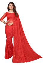 Vamika Ethnic Fire Red Pearls Net Saree | Grocsy