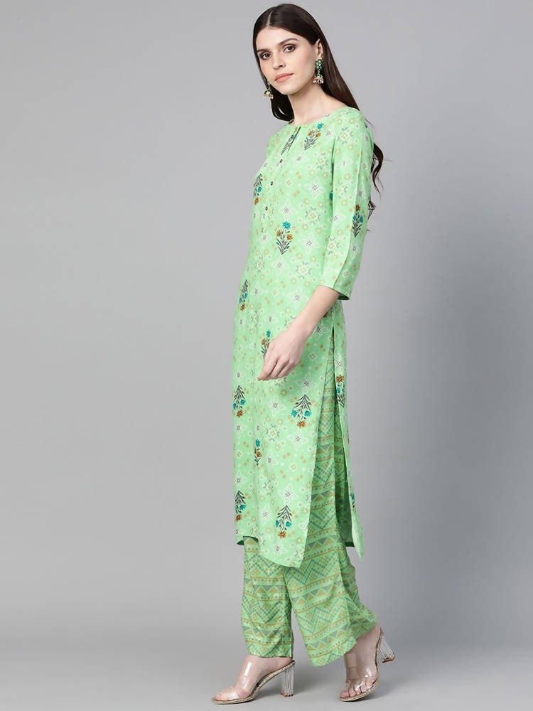 Yufta Women Green & Beige Printed Kurta palazzo Set | Grocsy