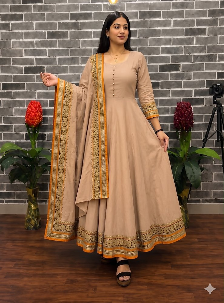 Teeya Creation New Trendy Stylish Cream Solid Anarkali Kurta with Traditional Golden Border Dupatta Set | Grocsy