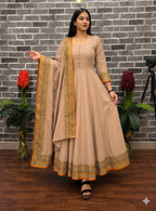 Teeya Creation New Trendy Stylish Cream Solid Anarkali Kurta with Traditional Golden Border Dupatta Set | Grocsy
