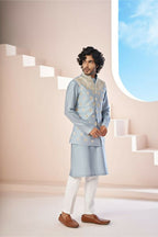A Powder Blue Floral Hand Embroidered Nehru Jacket by Hilo Design | Grocsy
