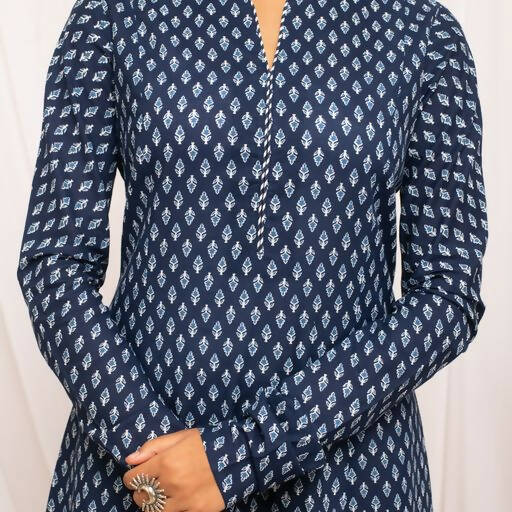 FIORRA Women's Floral Printed Navy Blue Cotton A-Line Kurta | Grocsy