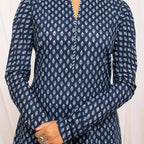 FIORRA Women's Floral Printed Navy Blue Cotton A-Line Kurta | Grocsy