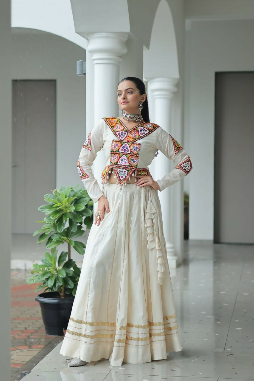 Teeya Creation Off White Colour Pure Cotton Embroidery Work Navratri Lehenga | Grocsy