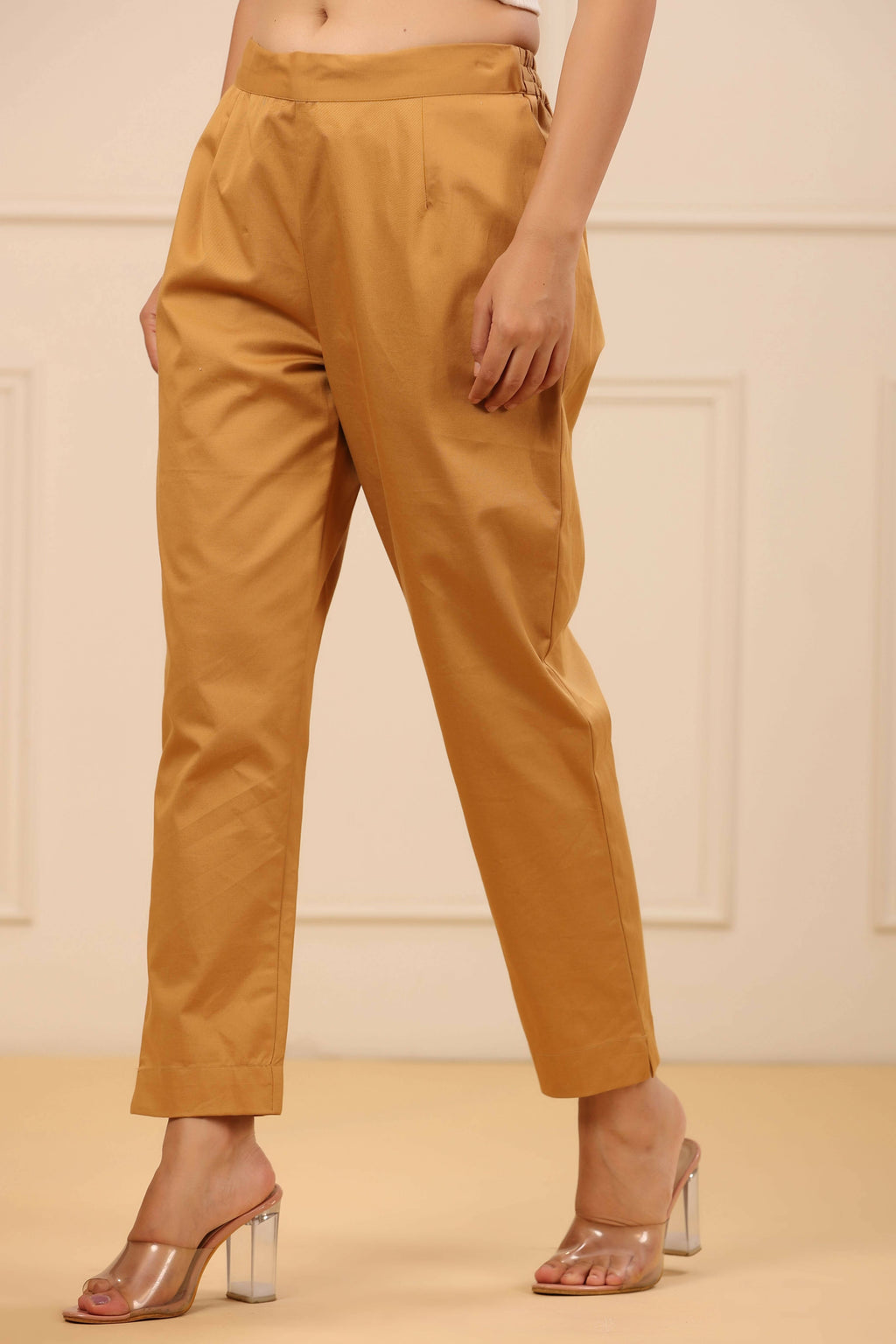 Juniper Women's Gold Cotton Twill Lycra Solid Straight Pant | Grocsy