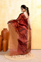 Piyari Fashion Women's Maroon Dual Tone Organic Tissue Saree With Blouse Piece | Grocsy