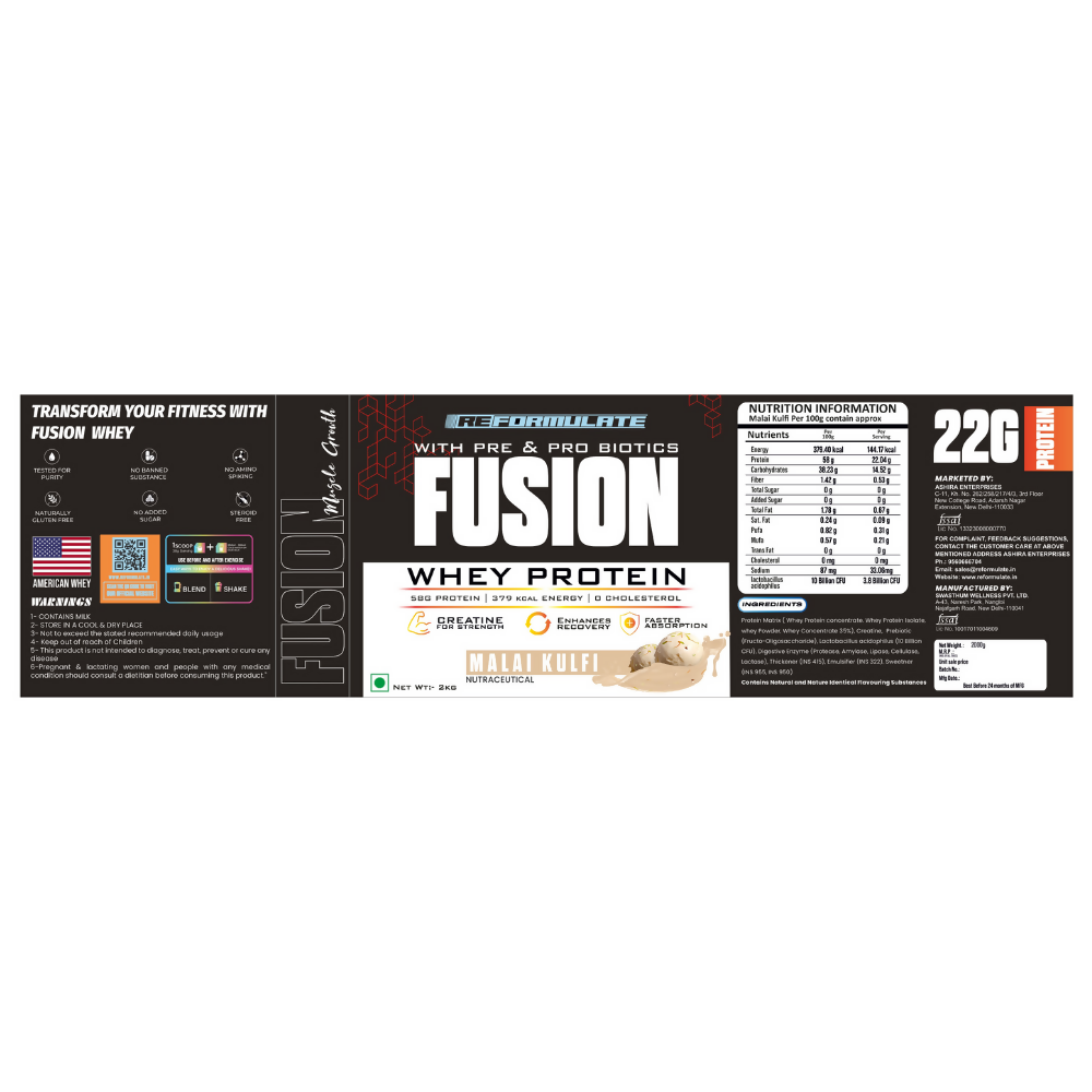 Reformulate Fusion Whey Protein With Pre & Pro Biotics I Muscle Growth I 58G Protein | 379 Kcal Energy - Malai Kulfi | Grocsy