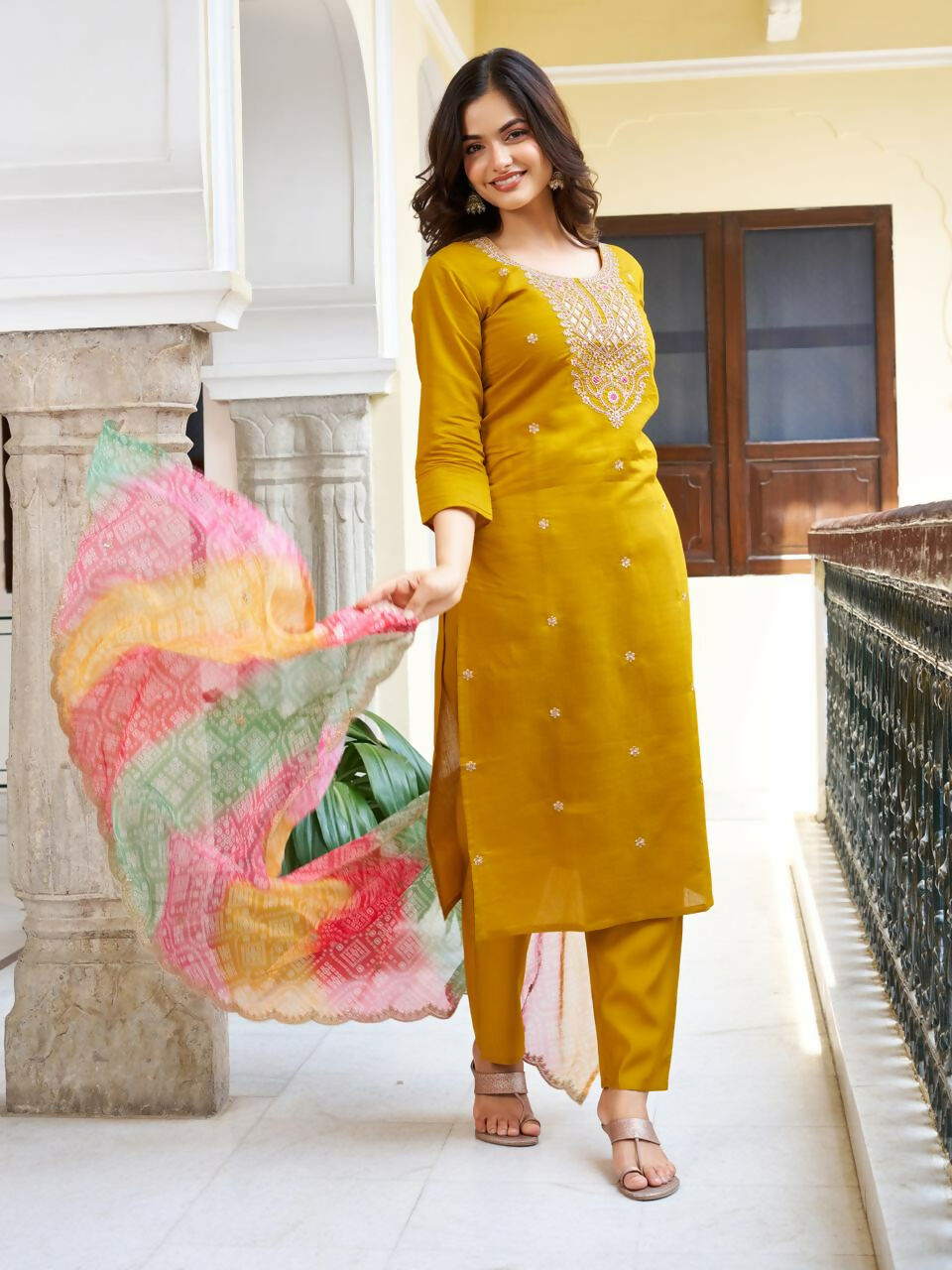 The52 Women's Beautiful Viscose Chanderi Fabric Embroidery Work Straight Kurta Pant and Dupatta Set | Grocsy