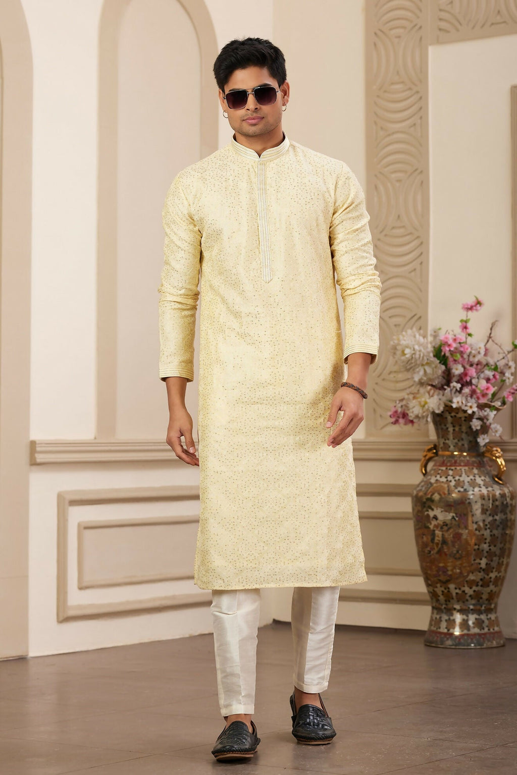 Raivat Ethnic Men's Art Silk Thread Work Kurta Pyjama In Yellow Colour | Grocsy