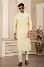 Raivat Ethnic Men's Art Silk Thread Work Kurta Pyjama In Yellow Colour | Grocsy