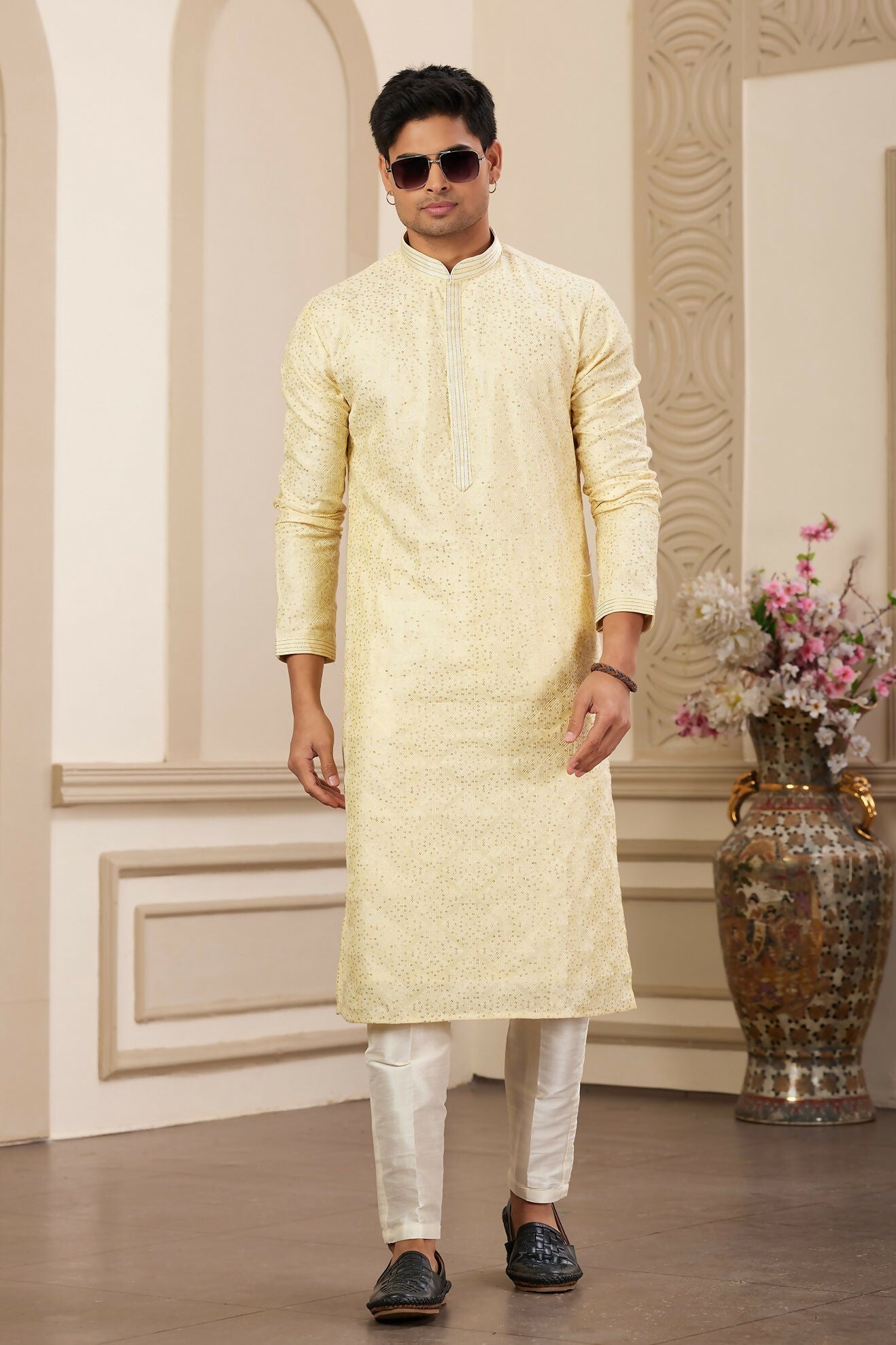 Raivat Ethnic Men's Art Silk Thread Work Kurta Pyjama In Yellow Colour | Grocsy