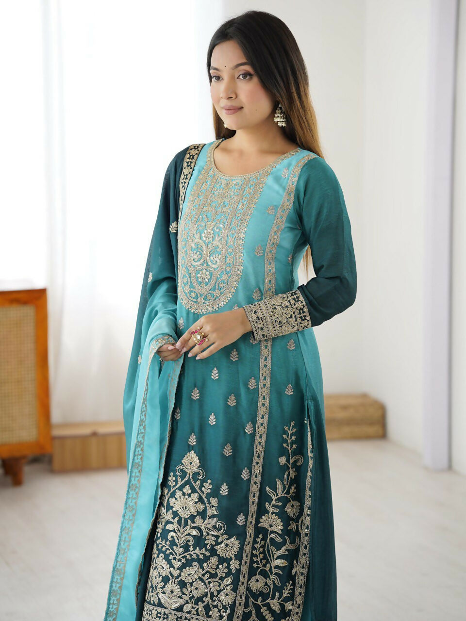 The52 Women's Gorgeous Chinon silk Fabric Embroidery Work Straight Kurta Palazzo and Dupatta Set | Grocsy