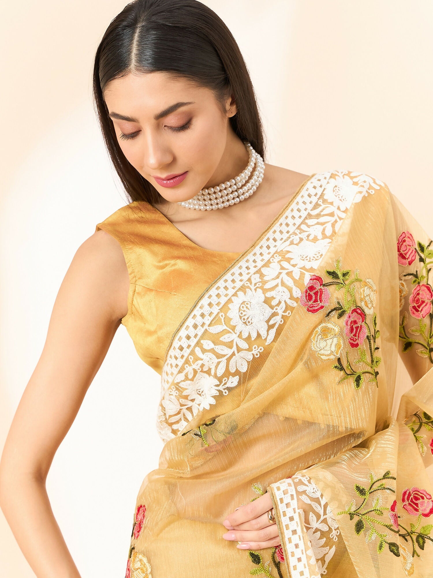Beige Organza Floral Embroidered Saree with Unstitched Blouse Piece - Roozal | Grocsy