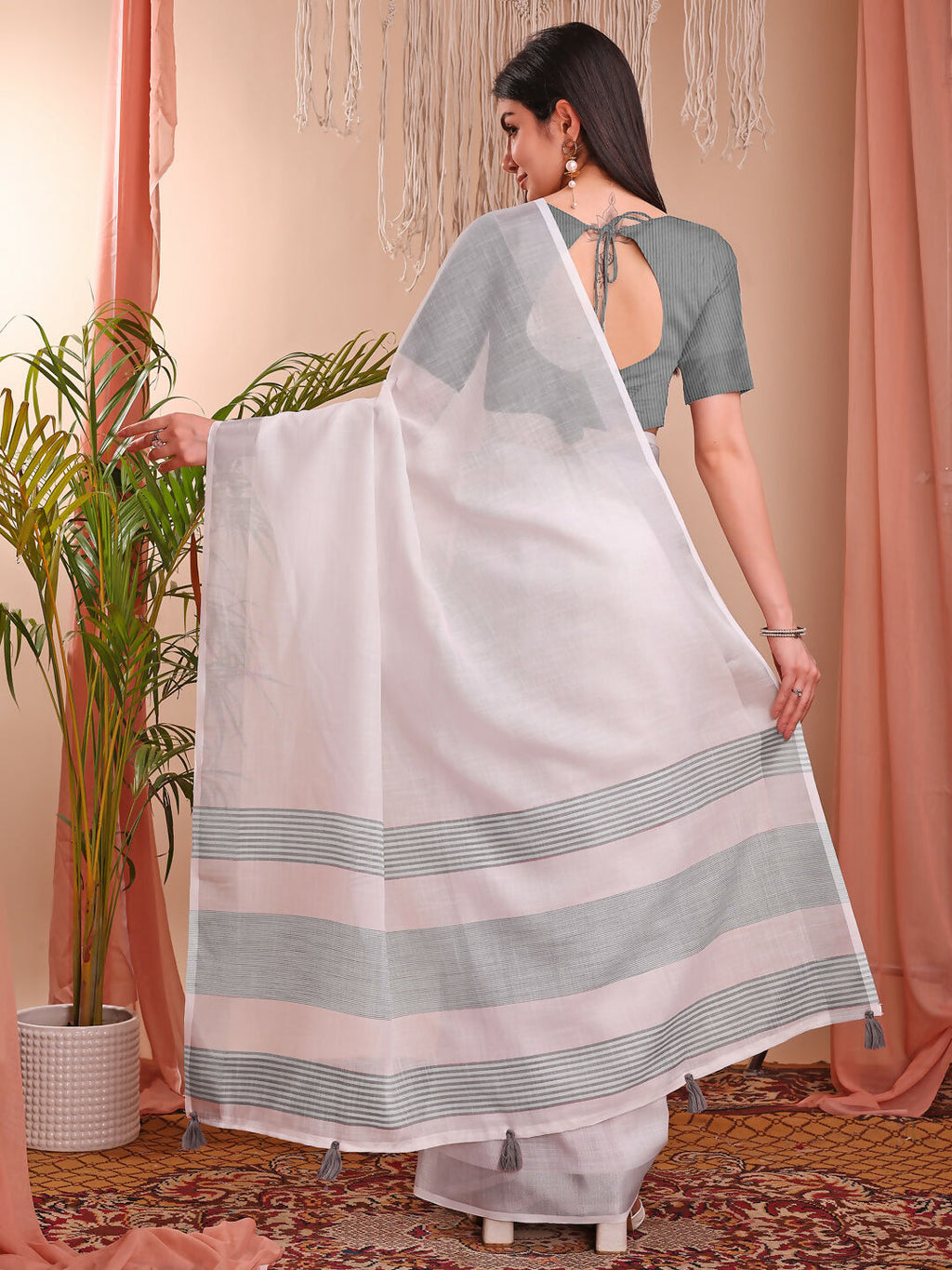 Shree Shyam Fashion The White Loom White Linen Cotton Saree | Grocsy