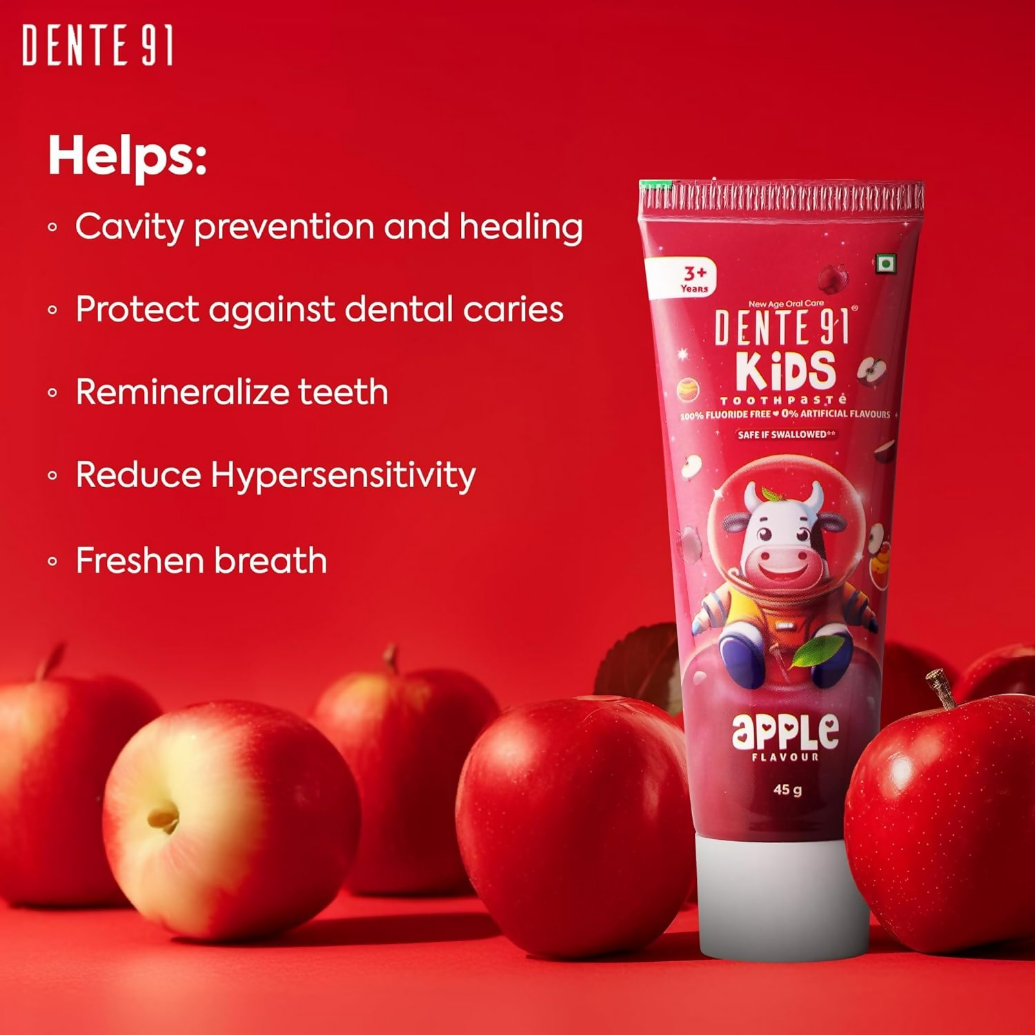 Dente91 Kids Toothpaste Protects Against Dental Caries & Hypersensitivity Fluoride Free Apple Flavour | Grocsy