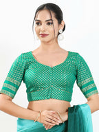 Joban Fashion Rama Green Brocade Padded Blouse With Round Neck Elbow Sleeves | Grocsy