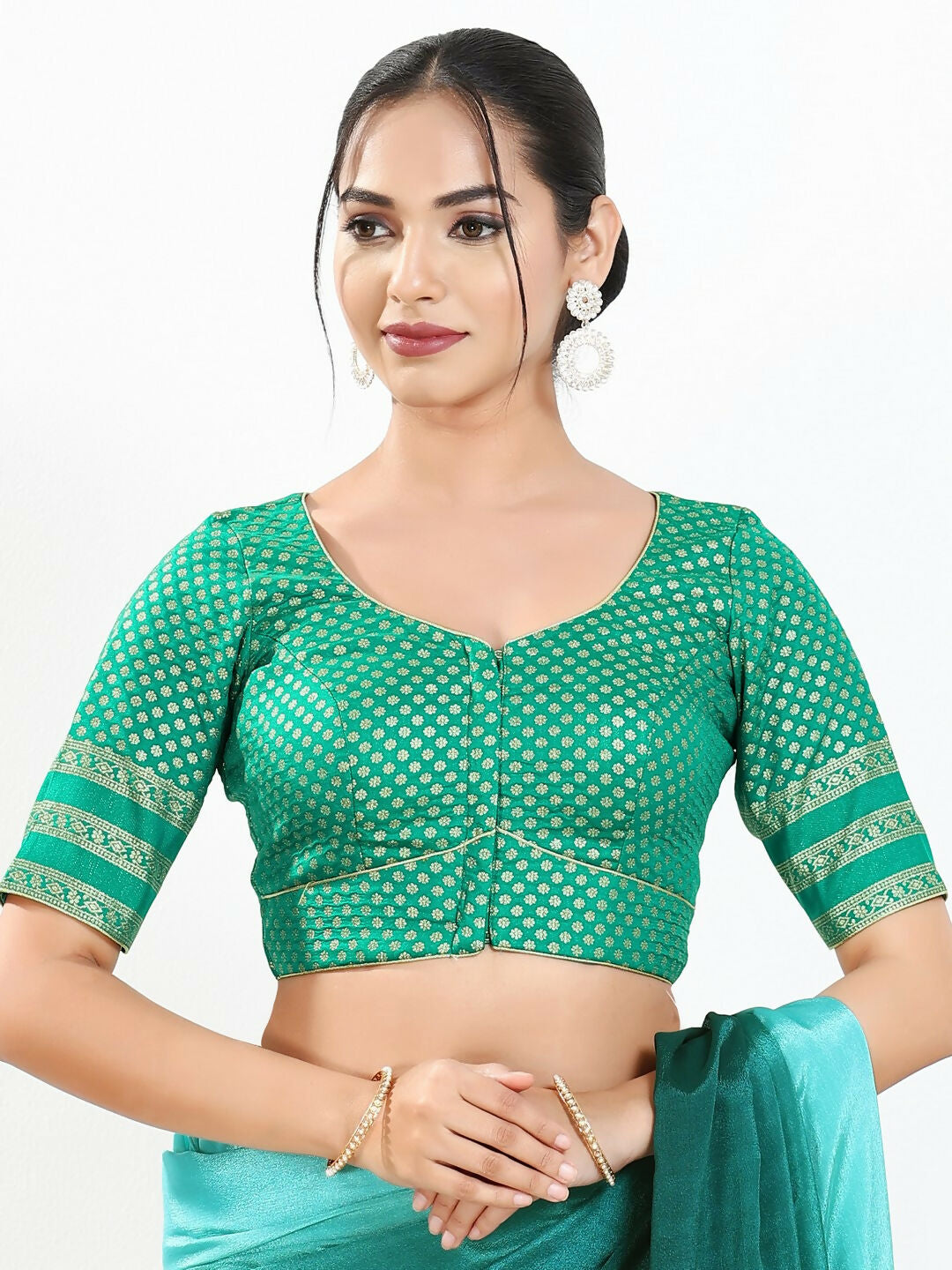 Joban Fashion Rama Green Brocade Padded Blouse With Round Neck Elbow Sleeves | Grocsy
