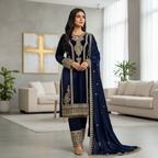 Joban Fashion Blue Kurta Set Velvet Embroidery Sequence Work | Grocsy