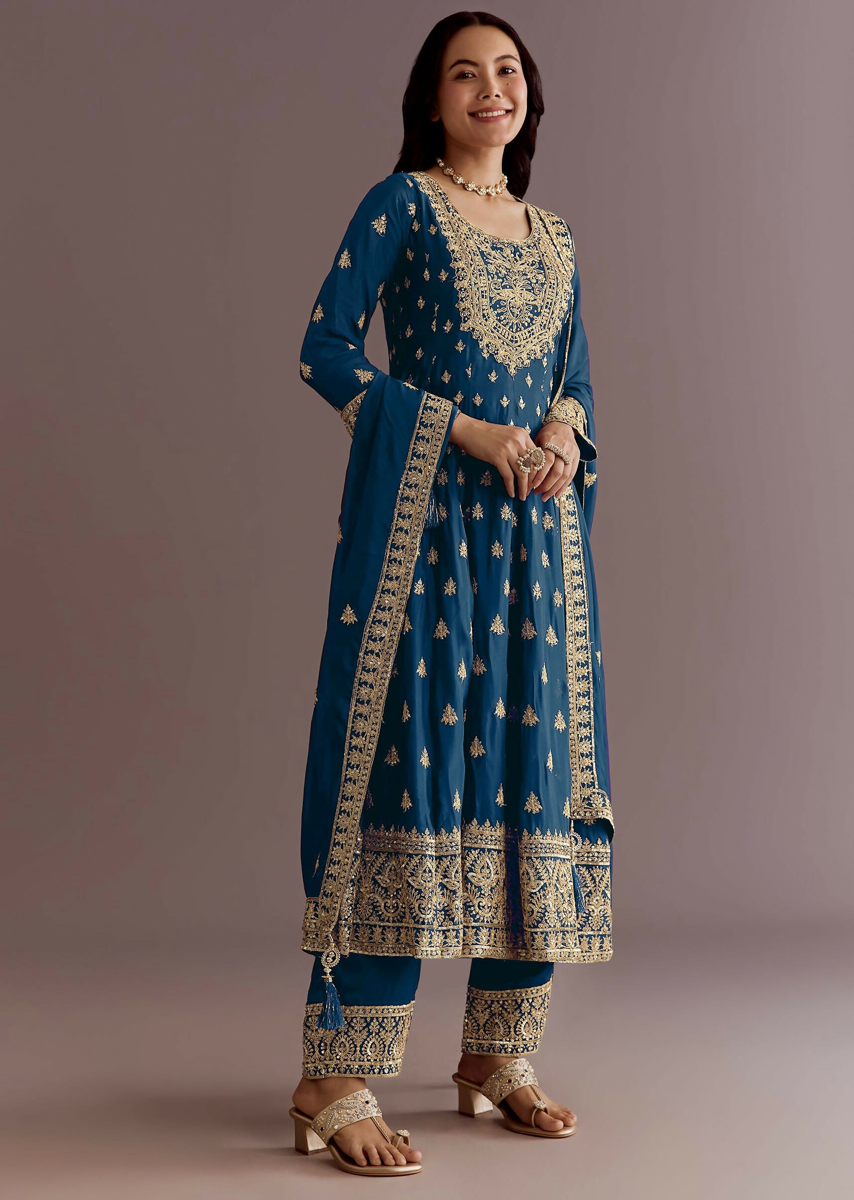 Teeya Creation Morpich Color Chinon Silk Embroidery Work Wedding Wear Gown | Grocsy