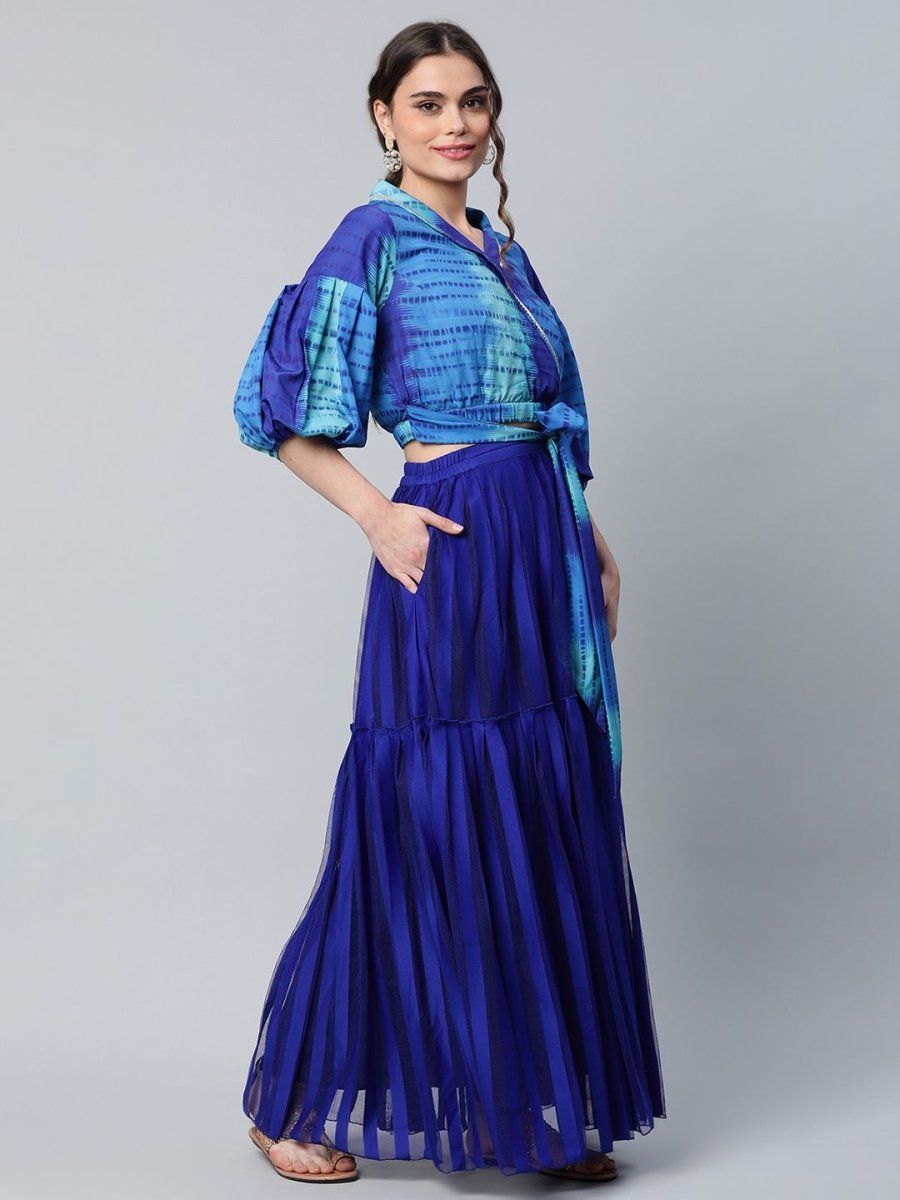 Ahalyaa Women Stunning Blue Crepe Printed Top with Skirt | Grocsy