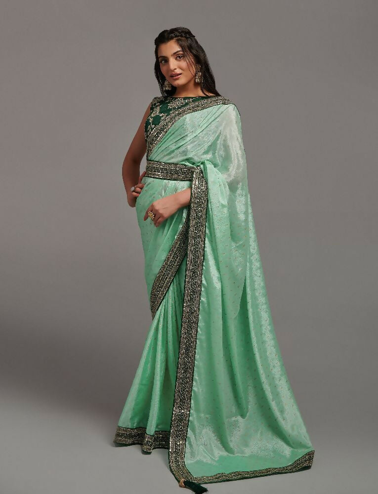 PR Fashion Pista Chinon Embroidery Lace Saree | Grocsy
